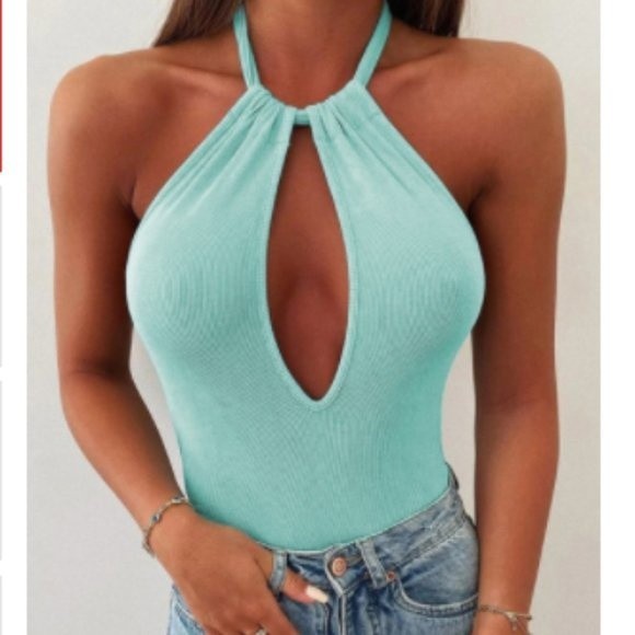 Sky Blue Keyhole Halter Ribbed Bodysuit - Picture 7 of 10